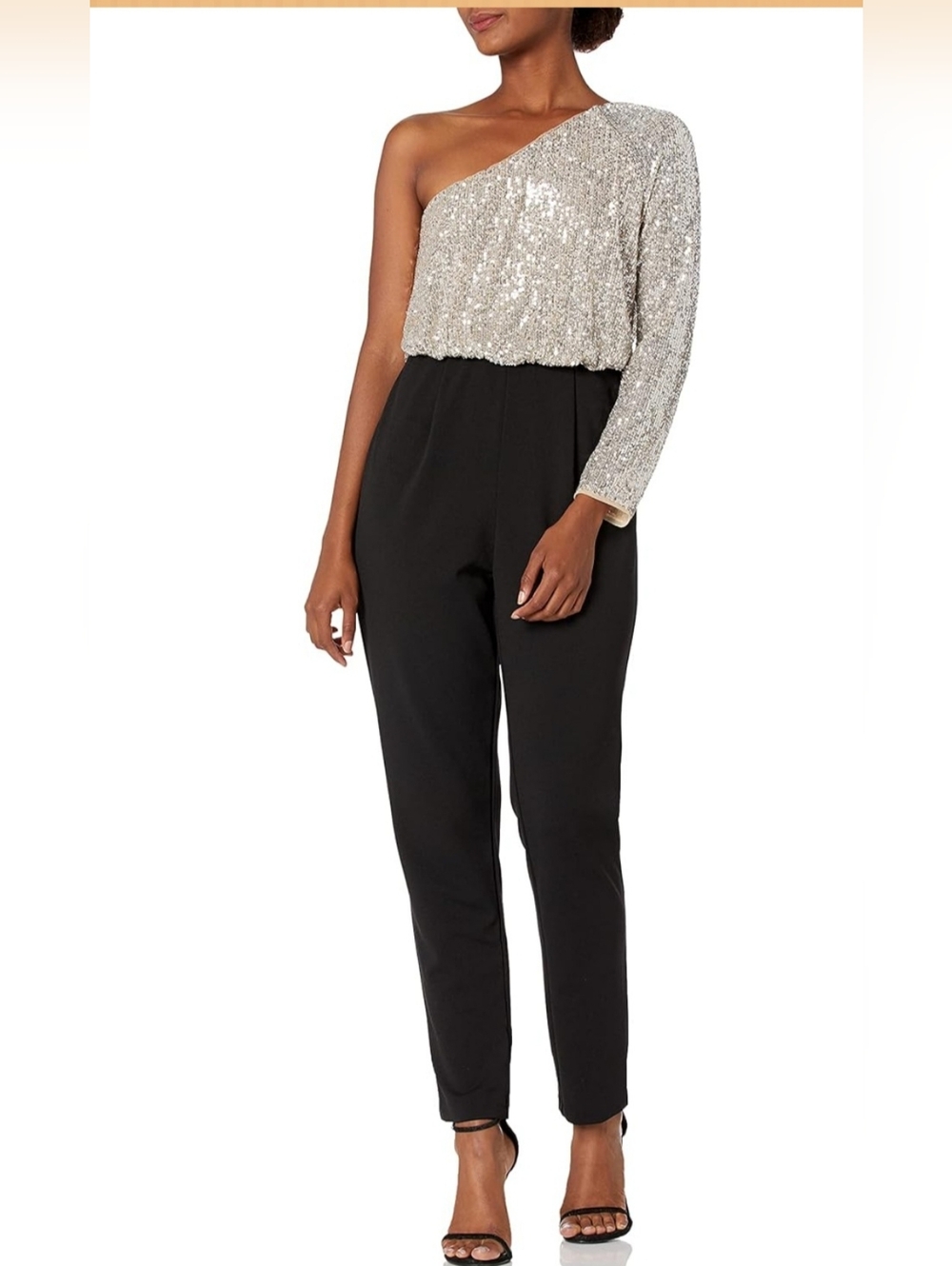 Adrianna Papell One-Shoulder Sequin Jumpsuit in Silver and Black >NWT